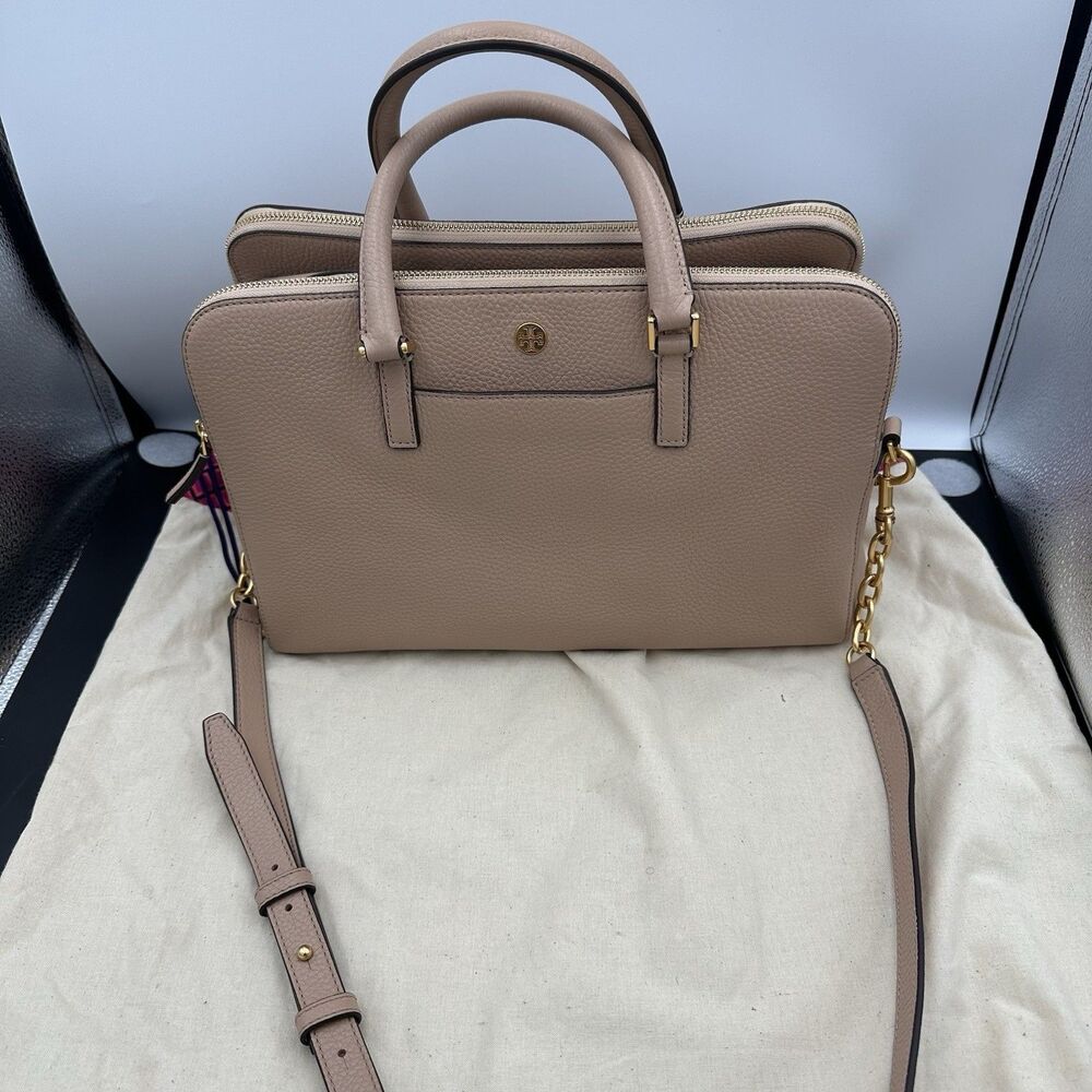 Tory Burch Pebbled Leather Double Zip Satchel Crossbody Work Tote Blush Pink